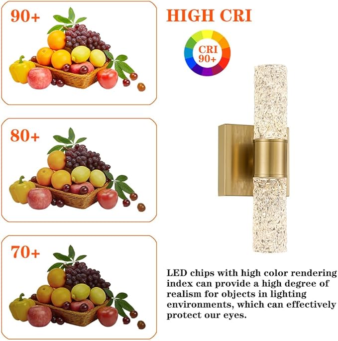 Crystal LED Wall Sconces Set of 2, Brushed Gold Bathroom Light Fixtures, Modern Bathroom Sconce Lights with Wired LED for Bedroom,Living Room,Hallway | Gold Vanity Wall Lighting & Crystal Wall Decor