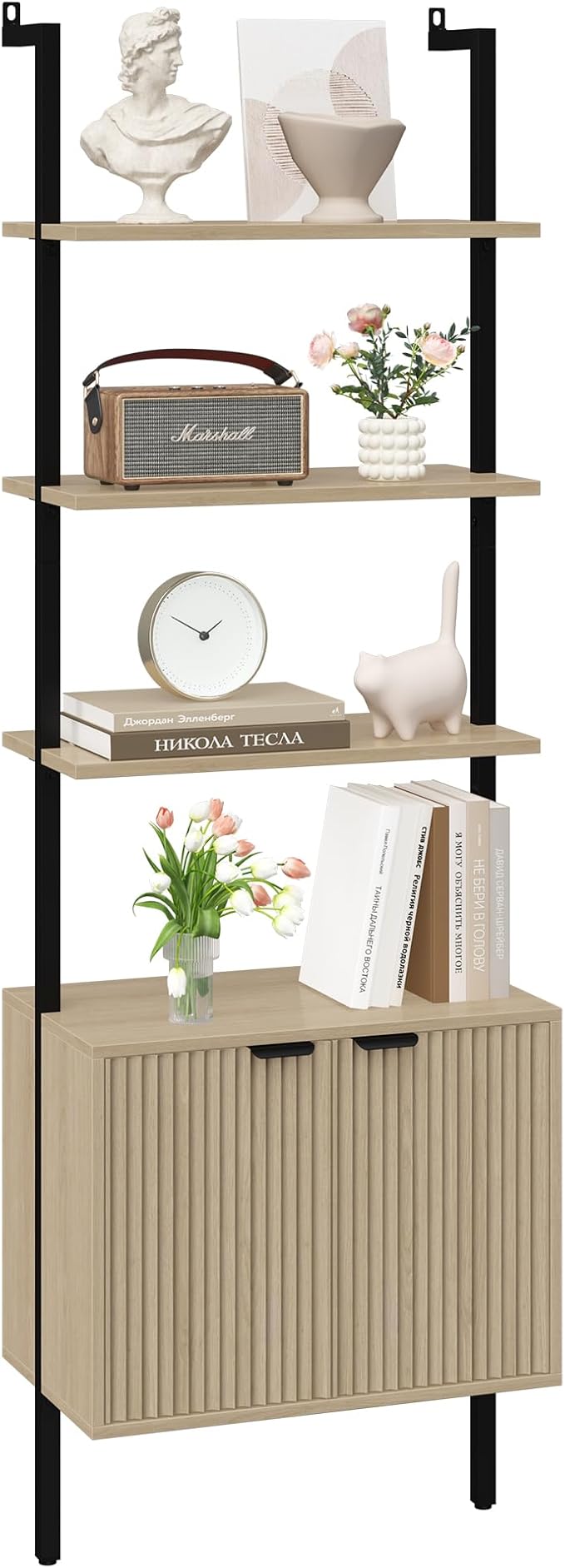 Yusong 73" Tall Bookshelf with Cabinet, Industrial Ladder Wall Mount Shelf Bookcase with Wood and Metal Frame, Plant Shelf Wall Storage Display for Living Room Bedroom, Wavy Light Ivory