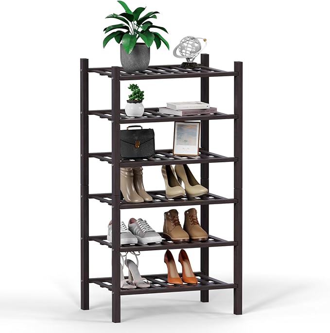 Haddockway small 6 Tier Bamboo Shoe Rack Storage Organizer, Multifunctional Free Standing Stackable Shoe Shelf with Grid Panel for Closet,Hallway,Entryway,Small Space 18"x11"x34"(Brown, 6-Tier(Small))
