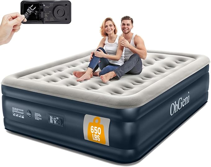 OhGeni Air Mattress Queen with Built in Pump, Blow Up Colchones Inflables Mattress for Guests, Portable Air Mattresses with Carrying Bag, 18" Raised Elevated Air Bed for Camping, Dark Blue