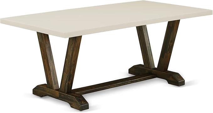 East West Furniture V727MZN32-7 7 Piece Dining Table Set Consist of a Rectangle Kitchen Table with V-Legs and 6 Light Beige Linen Fabric Parson Dining Chairs, 40x72 Inch, Multi-Color