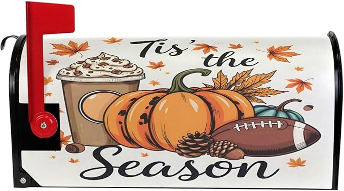 Fall Autumn Maple Leaf Pumpkin Football Magnetic Mailbox Cover MailWraps Garden Yard Home Decor for Outside Standard Size-18"x 20.8"