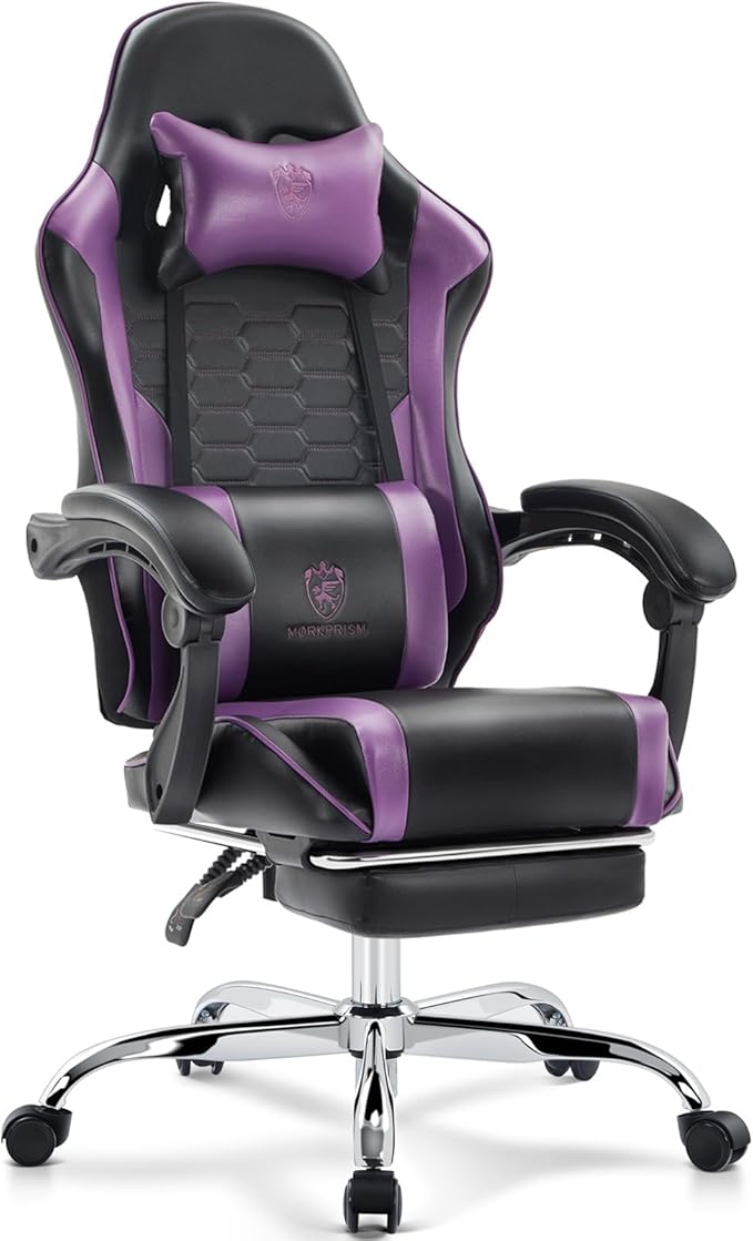Gaming Chair,Computer Office Chair with Footrest,Massage Lumbar Support and Gel Pad,Ergonomic Reclining Adjustable Leather Gamer Chair with Headrest and Spring Cushion Purple