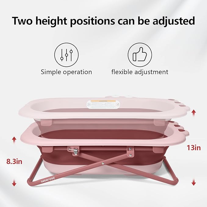 Beberoad Love Collapsible Baby Bathtub for Newborn to Toddler – Portable & Adjustable Infant Tub with Non-Slip Design, Space-Saving Bathtub for Travel & Home Use (Pink)