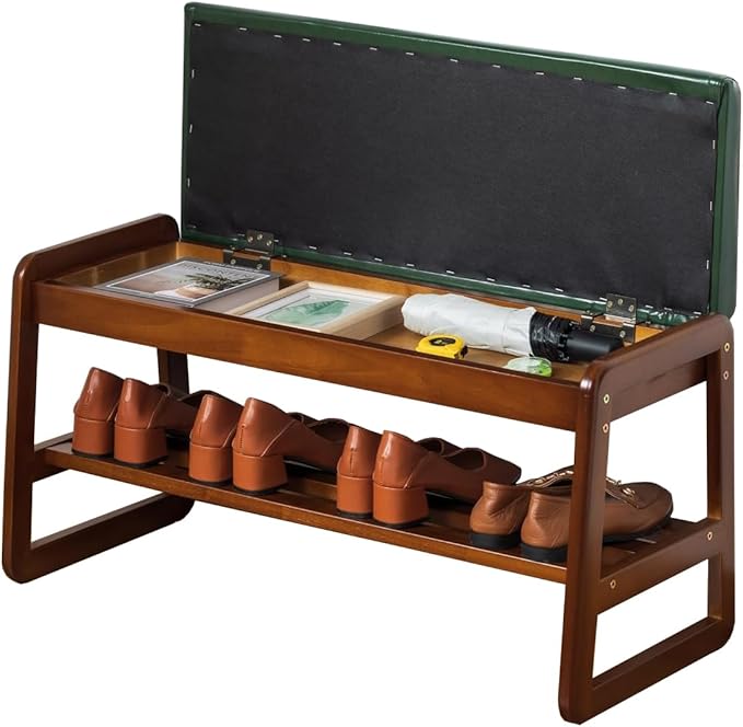 Shoe Rack Bench, Solid Wood Entryway Bench with Flip-Open Storage Box for Entry, Hallway (Green-31.5")