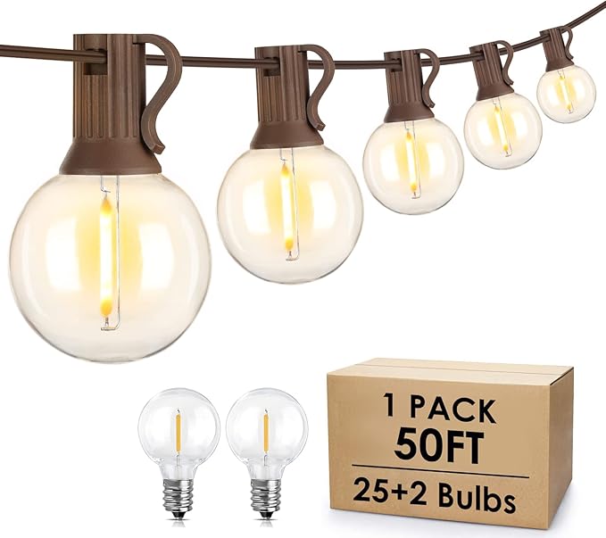 Mlambert 50Ft Outdoor String Lights, G40 Globe Patio Lights with 25+2 Waterproof LED Hanging Plastic Bulbs for Gazebo Pergola Cafe Bedroom-Brown Wire