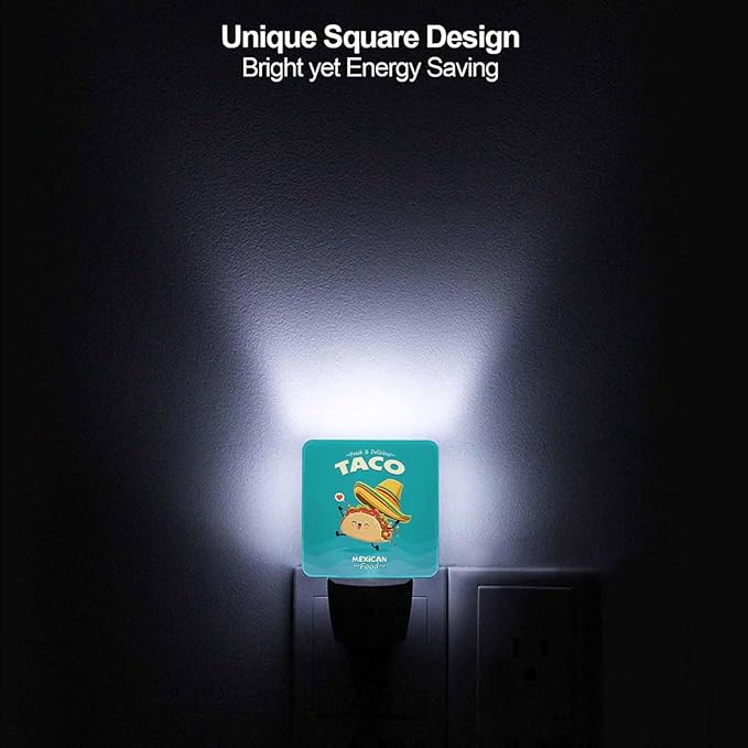 LED Night Light,Vintage Mexican Food Taco Character LED Night Light Plug into Wall with Dusk to Dawn Light Sensor White Energy Efficient Nightlight for Bedroom Bathroom Hallway Living Room Kitchen