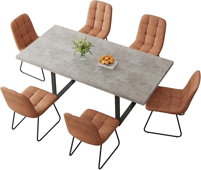 ZckyCine 51''-67'' Modern Extendable Dining Table Set, Rectangular Wood Table with 6 PU Leather Chairs, Space-Saving Design, Adjustable Length, Comfortable Seating for 6 People, Ideal for Dining Room