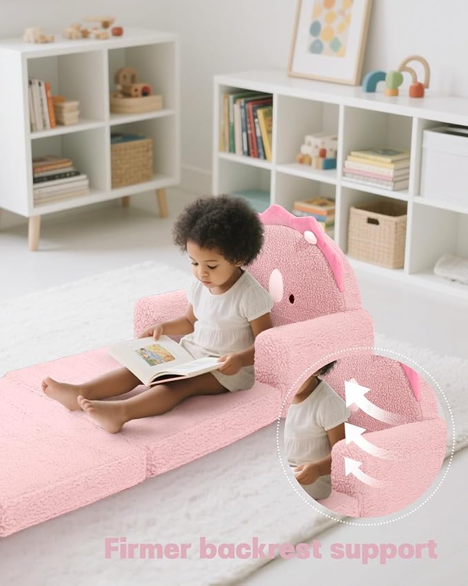 MOONBEEKI 2-in-1 Foldable Toddler Couch, Soft Sherpa Fabric with Washable Cover, Convertible Sofa to Lounger, Kids Sofa for Playroom, Bedroom, Living Room, Birthday Gift, Ages 1-3, Triceratop, Medium