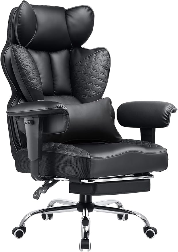 COMHOMA Big and Tall Office Chair 400LBS Wide Ergonomic Gaming Chair with Deluxe Embossing Designed Leather with Foot Rest,150°Reclining Adjustable Armrests Pocket Spring Back Support and Pillow