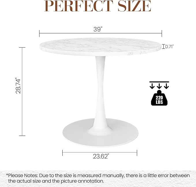DKLGG White Marble Round Dining Table, 39.1" Tulip Kitchen Dining Table for 4-5 People with MDF Table Top & Pedestal Base, Mid-Century End Living Room Table