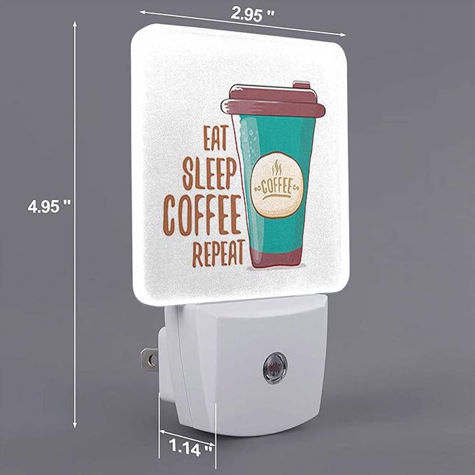 LED Night Light,Eat Sleep Funky Coffee LED Night Light Plug into Wall with Dusk to Dawn Light Sensor White Energy Efficient Nightlight for Bedroom Bathroom Hallway Living Room Kitchen