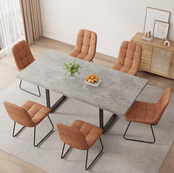 ZckyCine 51''-67'' Modern Extendable Dining Table Set, Rectangular Wood Table with 6 PU Leather Chairs, Space-Saving Design, Adjustable Length, Comfortable Seating for 6 People, Ideal for Dining Room