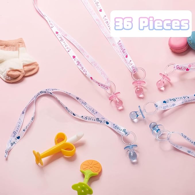 36 Baby Shower Pacifiers Necklace, Acrylic Pacifier Necklace, Pacifier Necklace for Baby Shower Boys Girls Party Favors Charm/Gender Reveal Party Table Scatter/Baby Shower Necklace Game(Blue&Pink)…