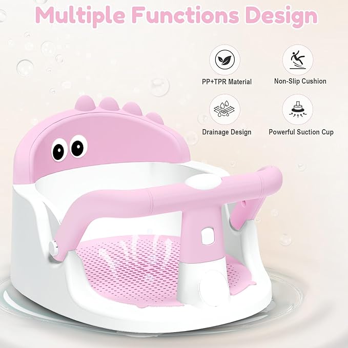 Baby Bath Seat for Babies 6 Months & Up Sitting Up, Non-Slip Baby Bath Chair with Suction Cup, Safe and Comfortable Portable Infant Bath Seat for Bathroom, Bathtub Tub, Easy to Clean (Pink)