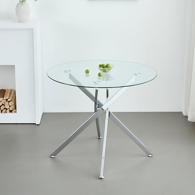 36" Round Glass Dining Table Modern Kitchen Glass Top Table for 4 with Silver Chrome Metal Legs, Clear Dining Table Kitchen Table for Home Office Dining Room