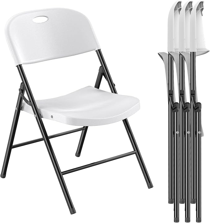 Nazhura 350 Weight Limit Heavy Duty Plastic Folding Chair with Reinfoced Steel Frame for Indoor and Outdoor, Wedding, Party, Restaurant, Meeting Room, Patio and Garden (White, 4 Pack)