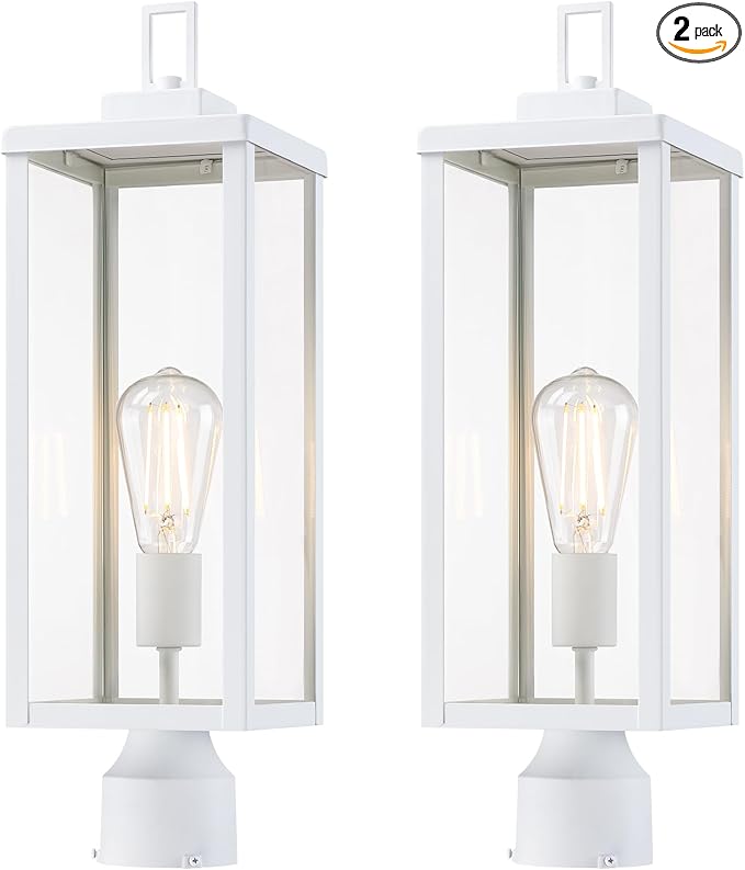 GRUENLICH Outdoor Lamp Post Light Fixtures, Exterior Pole Lantern with Tempered Glass, 20 Inch Fence Post Lighting for Garden Yard Pathway, White, 2 Pack