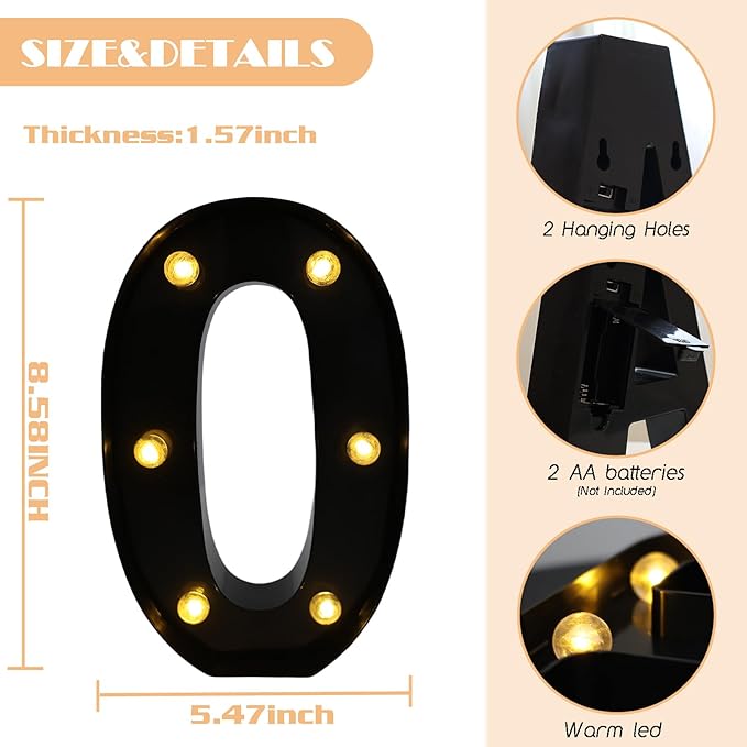 LED Marquee Numbers, 8.58 Inch Led Light Up Numbers for Party, Small Light Up Letters, Battery Powered Lighted Number for Table, Birthday, Night Light, Christmas or Home Decor (Black, Number 0)