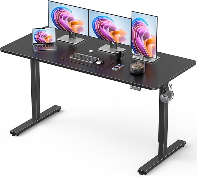 Standing Desk, Large Height Adjustable Electric Stand up Desk, 55 x 24 Inches Sit Stand Home Office Desk, with Splice Board, Black Frame/Black Top
