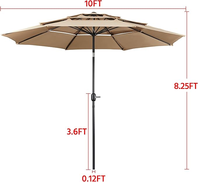 Yaheetech 3-Tier Patio Umbrella 10ft Vented Outdoor Canopy Sun Shade Large Market Table Umbrella Double-layer Cloth & Push-button Tilting for Yard/Garden/Park Tan