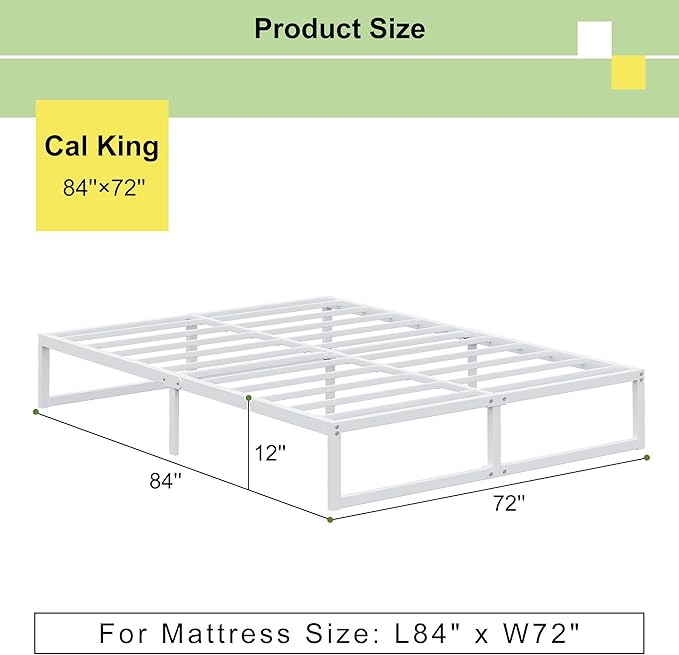 EMODA 12 Inch California King Bed Frame, Metal Platform White Bed Frame No Box Spring Needed, Heavy Duty Steel Slats Support, Easy Assembly, Noise Free