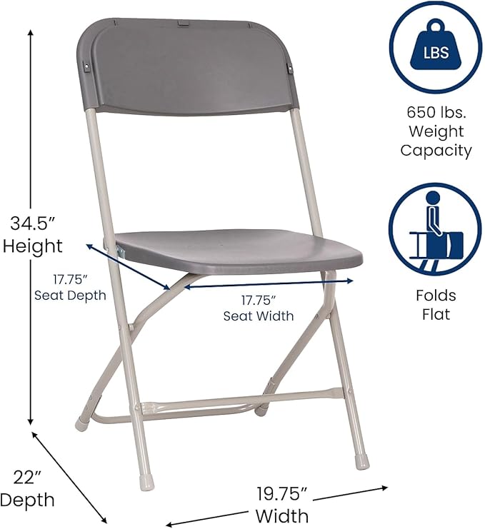 Flash Furniture Hercules Big and Tall Commercial Folding Chair - Extra Wide 650LB. Capacity - Durable Plastic - Gray, 4-Pack