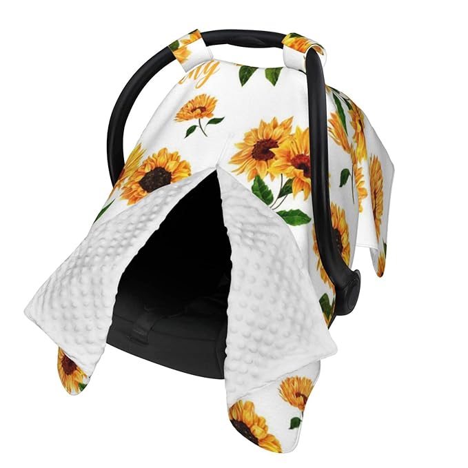 Personalized Yellow Sunflower Baby Infant Car Seats Canopy for Baby with Name, Custom Lightweight Covers for Baby Boys Girls, Minky Nursing Breastfeeding Stroller Cover Canopies for Newborn