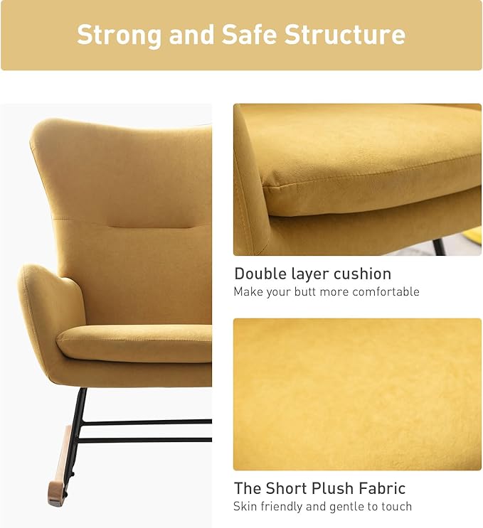 Phoenix Home Rocking Chair Nursery Velvet Upholstered Glider Rocker Rocking Accent Chair Padded Seat with High Backrest Armchair Comfy Side Chair for Living Room Bedroom Offices, Yellow