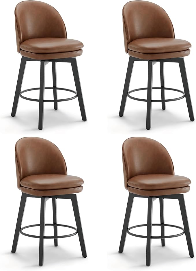 Counter Height Barstools 26 inch Upholstered Swivel Bar Stools with Back and Wood Legs for Kitchen Island,Set of 4,Brown PU Leather-Armless
