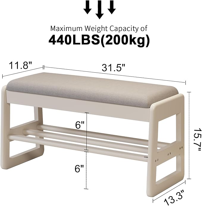 Shoe Rack Bench with Cushion,2 Tiers Shoe Bench with Flip-Top Storage,Wood Shoe Rack for Entryway,Hallway（White,31.5"）