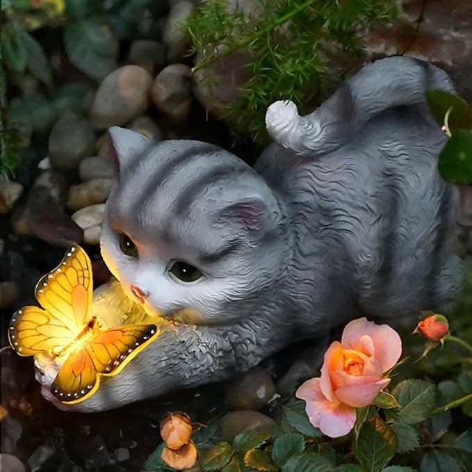 Solar Garden Statue Cat,Garden Figurine Outdoor Decoration with Cat Holding Butterfly for Yard,Patio,Lawn Art Decoration,Housewarming Gift