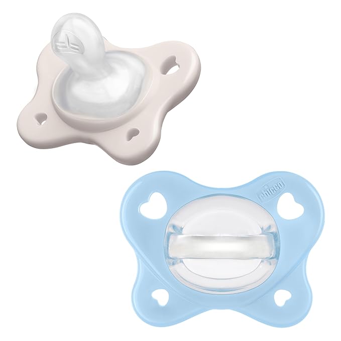 Chicco PhysioForma Dual Soft Orthodontic Pacifier for Babies 2-6 Months, 100% Soft Silicone, Supports Breathing, One-Piece Design, Included Sterilizing Case, BPA Free, 2-Pack, Pearl/Sky
