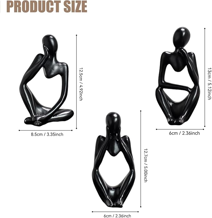 Mingzhang 3pcs Thinker Statue Abstract Art Thinker Figurines Black Home Decor for Living Room, Office, Coffee Table, Bookshelf Decoration, Housewarming Gifts