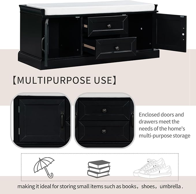 Entryway Storage Bench with Drawers & Cabinets — Cushioned Shoe Storage Bench for Hallway, Mudroom, or Living Room, Solid Wood Frame (Black)