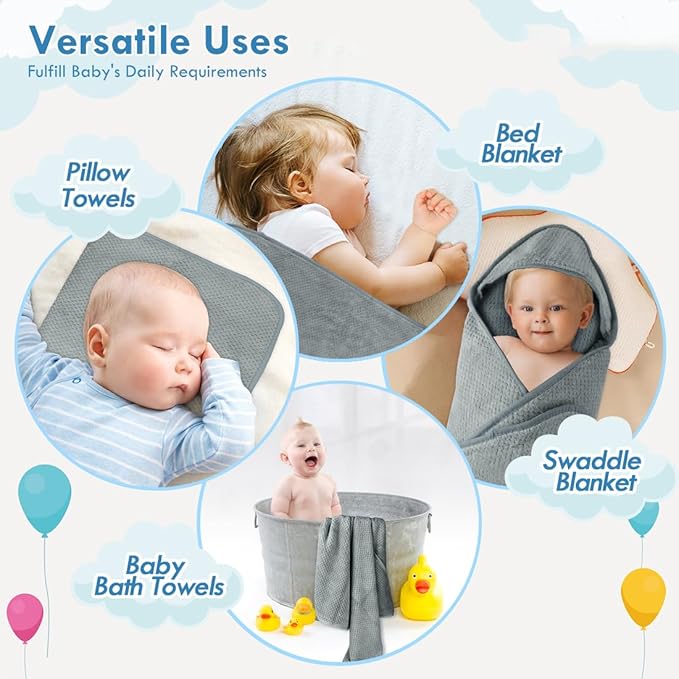 Orighty Baby Hooded Towel with Five Washcloths, 28 x 28 Inch Super Soft Bath Towel with Hood for Babies, Infant, Newborn Essential - Ideal Baby Stuff Registry for Boys and Girls (Grey)