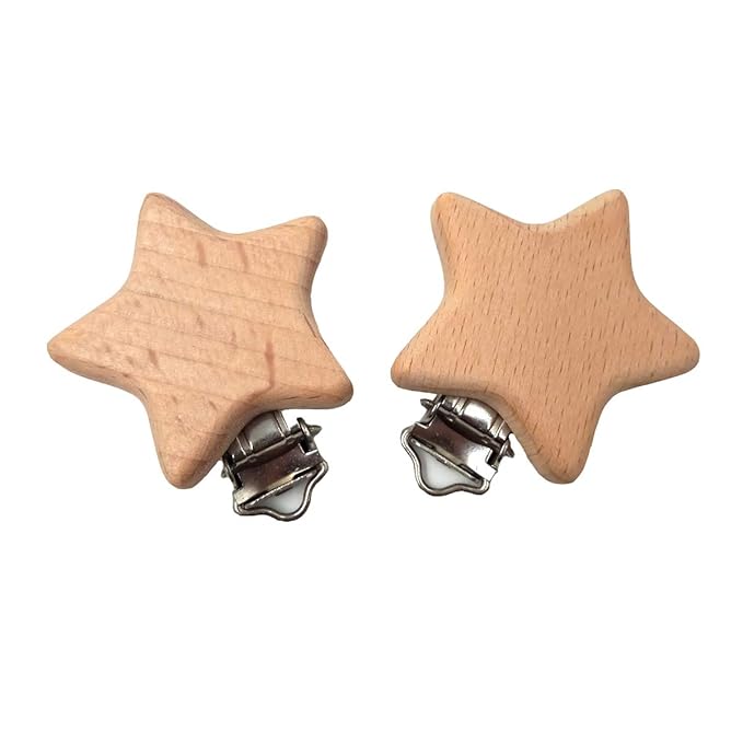 20pcs Natural Wood Suspender Pacifier Clips Cute Beech Wooden Animal Star Shape Clips Charm DIY Beading Pacifier Chain Accessory