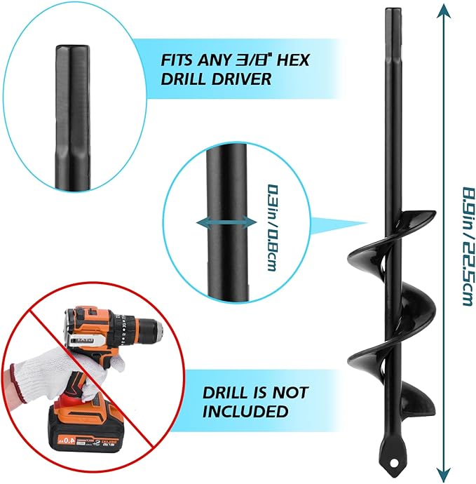 ERYTLLY Auger Drill Bit for Planting 1.6x9inch,Garden Auger Spiral Bulb Planter Tool for Umbrella Holes Post Hole Digger - Compatible with 3/8 inch Hex-Shank Drill