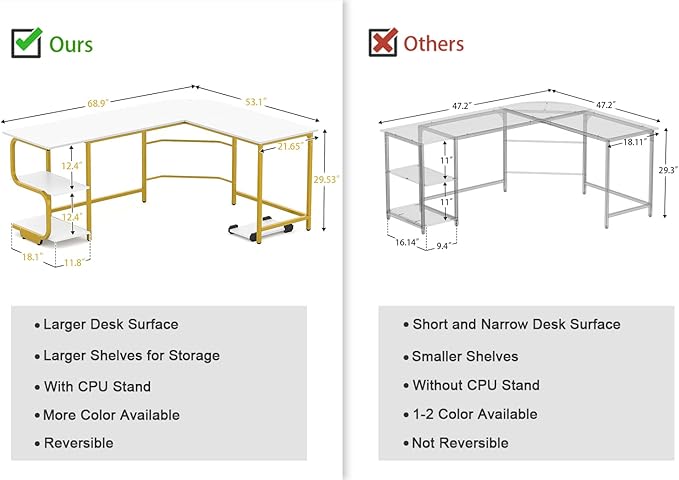 Teraves Reversible L Shaped Desk with Large Surface, 69 Inch Sturdy Corner Desk with Storage Shelves, Premium Office Computer Desk Workstation for Home Office Gaming