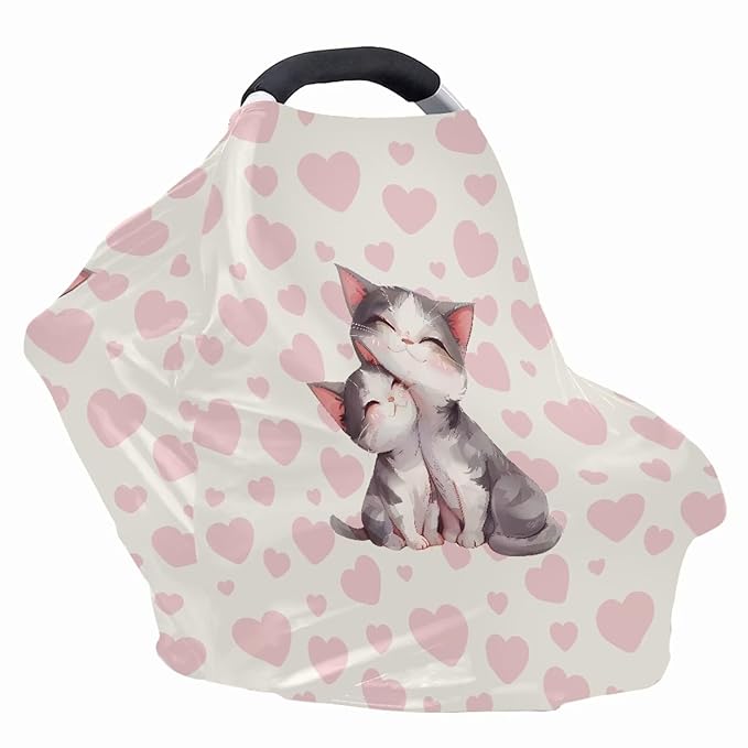 Biyejit Pink Heart Cats Car Seat Cover for Babies, Mom Nursing Covers Breastfeeding Scarf, Multi Use Infant Carseat Canopy for Newborn Carrier/Stroller/Shopping Cart, Baby Shower Gifts for Boy Girl