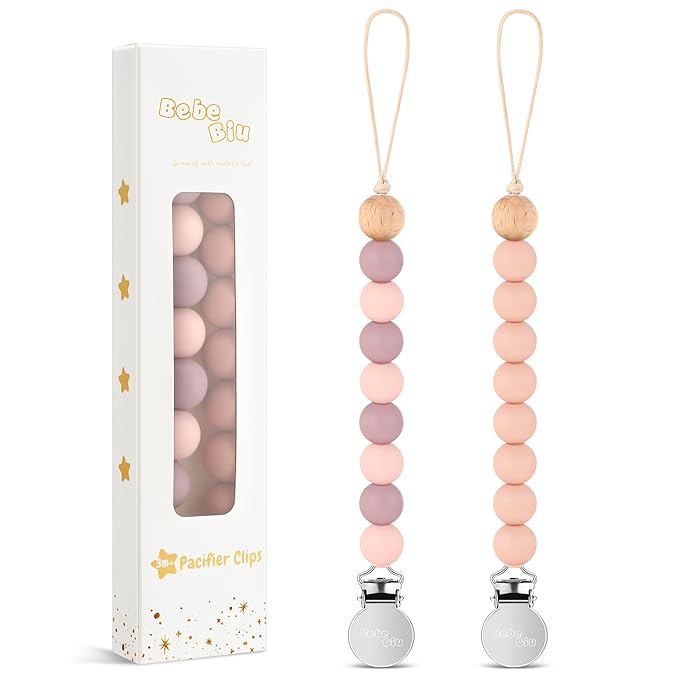 2 Pack Pacifier Clips, Silicone Pacifier Clip for Baby Boys and Girls, Baby Pacifier Strap with Silicone Beads, Soother Dummy Holder, Pacifier Holder, Keeps Pacifier Clean (Mauve/Muted)