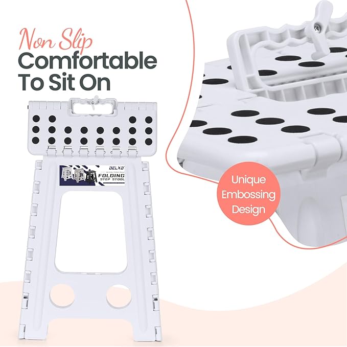 Delxo Folding Step Stool 17.5 Inch White Step Stools for Kids Foldable,Portable Collapsible Step Stool with Handle, Folding Stool for Kitchen Bathroom,Bedroom,Garden