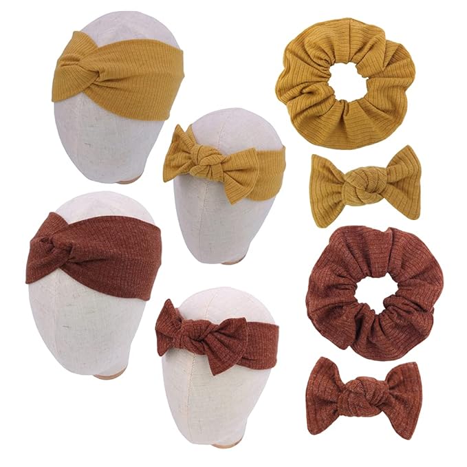 Sugarmelon Mommy and Me Headband Set Mother Baby Matching Turban Headband for Toddler Baby Girls Women Scrunchies Hair Bow Hairbands (Mustard and Golden Brown)