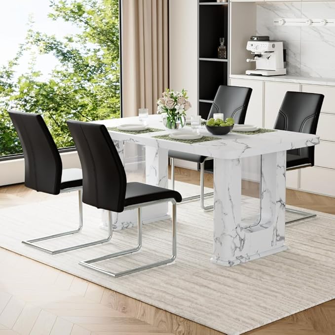 64.5" White Dining Table Set for 4, Modern Kitchen Table and Chairs Set with PU Leather Cushioned Chairs & Decorative Pedestal Base, 5 Piece Marble Pattern Dining Table Set for Dining Room or Kitchen