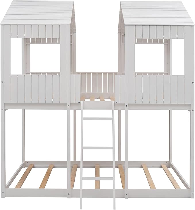 Ball & Cast Full Over Full Size Playhouse Bunk Bed with Roof and Window,Wood Bunkbed w/Full-Length Guard Rail & Ladder,Slat Support,Space Saving,Bedroom Furniture for Student Dorms,White