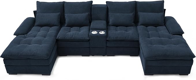 130" U-Shaped Sectional Sofa with Storage Console & Cup Holders, Upholstered 6 Seat Living Room Sleeper Couch Furniture Set w/Chaise, Cloud Cushion Couch for Home, Office, Apartment,Blue