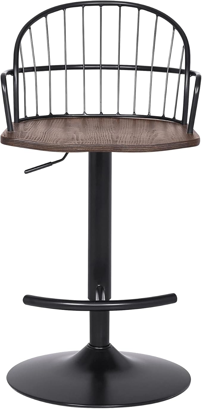 Armen Living Edward Adjustable Walnut Glazed Barstool in Black Powder Coated Finish