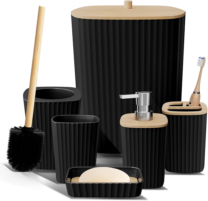 Clara Clark Bathroom Set - Black Bathroom Accessories Set, 6PC Bathroom Accessory Set, Bathroom Sets with Toilet Brush, Trash Can & Soap Dispenser