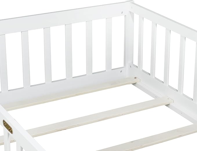 Bellemave Twin Floor Bed with Slats and Safety Guardrails, Kids Montessori Floor Beds with Fence and Without Door, Easy Assemble Floor Bed for Kids, Girls, Boys, White