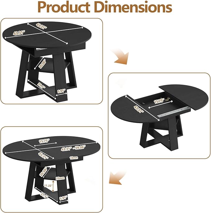 Round Dining Table for 4-8 People, 43.3"-59" Oval Dining Table Space Saving, Expandable Kitchen Table with Smooth Glide Mechanism Modern Design & Wood Base for Small Space (Black)